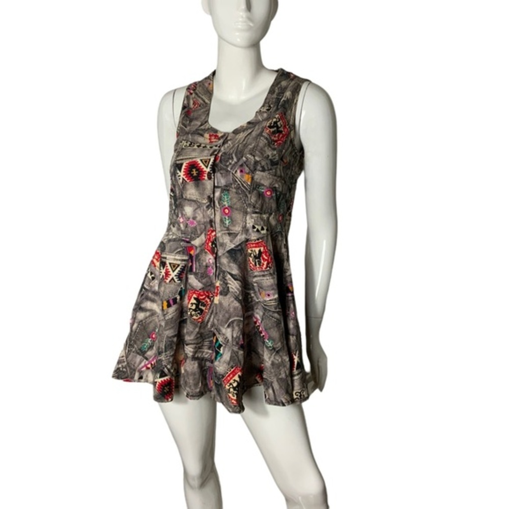 Vintage 80s sleeveless mini‎ dress tunic Aztec southwestern red gray Rare Medium